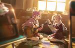 2girls ahoge animal_charm anyoji_hime black_ribbon blonde_hair blue_hair blurry blurry_foreground briefcase cellphone charm_(object) dutch_angle earphones_removed flower full_body game_cg glass_teapot gradient_hair guitar hair_flower hair_intakes hair_ornament hair_ribbon highres holding holding_guitar holding_instrument holding_plectrum hood hooded_jacket indoors instrument jacket link!_like!_love_live! long_hair long_sleeves love_live! mira-cra_park! multi-tied_hair multicolored_hair multiple_girls non-web_source official_art on_floor open_clothes open_jacket osawa_rurino pencil_case phone pink_flower pink_jacket plectrum ponytail red_shoes ribbon school_briefcase self-datamine sheet_music shoes sitting smartphone twintails uwabaki very_long_hair virtual_youtuber wariza window 