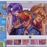  3girls :d ;) adam's_apple adjusting_eyewear aegyo_sal alternate_skin_color antenna_hair applejack applejack_(equestria_girls) bare_arms bare_shoulders black-framed_eyewear black_sleeves blonde_hair blue_background blue_eyes blue_eyeshadow blue_hair blue_jacket blue_nails blue_shirt brown_hat clenched_teeth collarbone collared_jacket collared_shirt commentary cowboy_hat curly_hair cursor curtained_hair dark-skinned_female dark_skin double-parted_bangs english_commentary english_text eyebrow_piercing eyeshadow face_piercing fingernails fluttershy green_eyes green_hair grin hair_between_eyes hair_over_shoulder hair_tie hand_up hat highres jacket kouxhii lip_piercing lips long_hair long_sleeves looking_at_viewer low-tied_long_hair makeup medium_hair multicolored_hair multiple_girls my_little_pony my_little_pony:_equestria_girls my_little_pony:_friendship_is_magic nail_polish one_eye_closed open_clothes open_jacket orange_hair piercing pink-tinted_eyewear pink_eyes pink_hair pink_lips pinkie_pie pinkie_pie_(equestria_girls) puffy_long_sleeves puffy_sleeves purple_hair raglan_sleeves rainbow_dash rainbow_hair rarity_(equestria_girls) rarity_(my_little_pony) realistic red-framed_eyewear red_hair red_nails red_shirt sci-twi shirt short_hair simple_background sleeveless sleeveless_shirt smile sparkle sparkling_eyes streaked_hair sunglasses teeth thick_eyebrows tinted_eyewear twilight_sparkle twitter_username upper_body white_shirt window_(computing) yellow-tinted_eyewear 