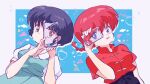  2girls blue_eyes blue_hair breasts character_name en_0410 holding multiple_girls ranma-chan ranma_1/2 red_hair retro_artstyle school_uniform short_hair tendou_akane triangle yellow_eyes 