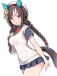  1girl animal_ears beret black_shirt black_skirt blush bow braid breasts brown_hair collared_shirt commentary_request ear_bow ear_covers hat hokko_tarumae_(umamusume) horse_ears horse_girl horse_tail long_braid long_hair looking_at_viewer medium_breasts multicolored_hair nannacy7 open_mouth purple_eyes red_bow shirt short_sleeves simple_background skirt smile solo striped_bow striped_hair sweater_vest tail twin_braids umamusume white_background white_hair white_hat white_sweater_vest 