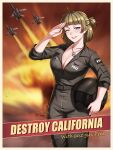  1girl absurdres aircraft airplane belt blonde_hair blue_eyes border breasts cleavage commentary commission dog_tags english_commentary english_text fighter_jet freckles helmet highres holding holding_helmet jet jumpsuit large_breasts looking_at_viewer medium_hair military military_vehicle name_tag one_eye_closed pilot_helmet pilot_suit poster_(medium) prez_(project_wingman) project_wingman propaganda salute second-party_source short_ponytail smile solo standing white_border zxpfer 