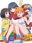  3girls :d ^_^ absurdres black_hair blue_eyes boots breasts closed_eyes commentary_request crop_top erika_(pokemon) gloves hairband hakama hakama_skirt high_side_ponytail highres hypno japanese_clothes kimono large_breasts long_hair looking_at_another medium_breasts misty_(pokemon) multiple_girls oddish orange_hair pantyhose pokemoa pokemon pokemon_(creature) pokemon_frlg pokemon_lgpe purple_eyes red_eyes red_hairband red_hakama sabrina_(pokemon) shirt short_hair skirt smile staryu tank_top very_long_hair white_gloves white_tank_top yellow_kimono 