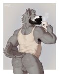  2023 anthro arm_hair armpit_hair back_muscles balls beard biceps black_hair body_hair border bottomless butt canid canine clothed clothing coffee_cup container cup deltoids facial_hair forearm_hair forearms fur genitals grey_background grey_hair hair hairy_ass hi_res leg_hair looking_at_viewer looking_back male mammal manly mature_male mrkeypoo multicolored_body multicolored_fur muscular mustache rear_view shirt simple_background solo steam tank_top tank_top_only topwear triceps two_tone_body two_tone_fur white_border white_clothing white_shirt white_tank_top white_topwear 