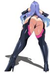  1girl ass ass_focus bare_shoulders black_boots black_gloves black_leotard black_thighhighs black_thong blue_hair boots clothing_cutout commentary_request elbow_gloves facing_away from_behind from_below gloves high_heel_boots high_heels highres hip_vent iris_heart_(neptunia) kami_jigen_game_neptune_v legs_apart leotard long_hair neptune_(series) partially_visible_vulva revealing_clothes shadow solo stiris_rangetsu thigh_boots thighhighs 