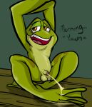  amphibian anthro balls bodily_fluids casual_nudity casual_urination dialogue flaccid frog genital_fluids genitals hi_res illegaleel male peeing peeing_on_foot peeing_on_self penis prince_naveen solo stretching the_princess_and_the_frog urine waking_up watersports 
