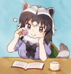  1girl animal_ears black_bow black_hair book bow chair coffee coffee_mug common_raccoon_(kemono_friends) cup dot_nose fang hand_on_own_face highres jewelry kemono_friends locket mug open_book pendant raccoon_ears raccoon_girl raccoon_tail short_hair sitting smile solo striped_tail suicchonsuisui table tail 