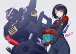  1girl alternate_universe black_hair blue_bodysuit blue_eyes bodysuit breasts bright_pupils closed_mouth commentary_request covered_nipples cowboy_shot dated earth_federation_space_forces gundam gundam_gquuuuuux gundam_mk_ii helmet holding holding_unworn_helmet large_breasts light_blush looking_at_viewer mecha mecha_pilot_suit mobile_suit moke_ro normal_suit_(gundam) pilot_helmet robot science_fiction shield shiiko_sugai short_hair simple_background smile space_helmet spacesuit standing titans_(gundam) twitter_username unworn_headwear unworn_helmet v-fin white_background white_pupils zeta_gundam 