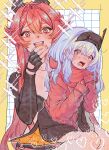  2girls 2koge_25 ahoge black_gloves blush borrowed_clothes breasts caught cleavage cloak commentary_request embarrassed fingerless_gloves gloves goddess_of_victory:_nikke highres holding horns jacket large_breasts leather leather_jacket long_hair long_sleeves looking_at_viewer mechanical_horns multiple_girls open_mouth red_hair red_hood_(nikke) red_scarf scarf smile snow_white_(innocent_days)_(nikke) snow_white_(nikke) surprised very_long_hair visor_lift white_hair yellow_eyes 