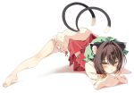  1girl absurdres animal_ears barefoot bloomers blush bow bowtie brown_hair cat_ears cat_girl cat_tail chen commentary commission feet hair_between_eyes hat highres jack-o'_challenge legs long_sleeves looking_at_viewer medium_hair multiple_tails orange_eyes parted_lips red_skirt red_vest seika_okawari shirt skeb_commission skirt solo sweat sweatdrop tail thighs toes touhou two_tails vest white_shirt yellow_bow yellow_bowtie 