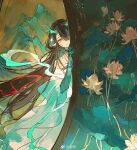  1girl alternate_costume arknights bare_shoulders bead_bracelet beads black_hair bracelet chinese_clothes chinese_commentary closed_mouth colored_extremities commentary_request cropped dragon_girl dragon_horns dragon_tail dress dusk_(arknights) earrings floating_hair flower green_dress hagoromo hair_over_one_eye hanfu heziqun highres horns jewelry long_hair looking_at_viewer lotus lotus_leaf mei_ren mountain multicolored_hair painting_(object) peeking_out pointy_ears red_eyes red_ribbon ribbon shawl solo strapless streaked_hair tail tassel tassel_earrings watermark weibo_username weibo_watermark zhongguo_hua 