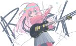  ahoge blue_eyes bocchi_the_rock! commentary_request electric_guitar english_text gotoh_hitori grey_skirt guitar guitar_strap hair_between_eyes hair_ornament hairpin highres holding holding_guitar holding_instrument ingyanggang instrument korean_commentary long_hair long_skirt long_sleeves looking_at_object looking_down music pants pink_hair pink_pants pink_track_suit playing_guitar playing_instrument plectrum rock skirt solo solo_focus sparkle standing text_background track_suit water_drop 