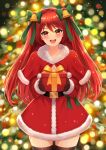  1girl :d absurdres blush bow box christmas christmas_lights christmas_tree commission cowboy_shot dress fiverr_commission gift gift_box green_bow hair_between_eyes hair_bow highres incoming_gift indie_virtual_youtuber light_particles long_hair looking_at_viewer marry_(vtuber) multiple_hair_bows open_mouth outstretched_arms red_eyes red_hair rizuchi santa_costume santa_dress second-party_source sidelocks smile teeth two_side_up upper_teeth_only virtual_youtuber yellow_bow 