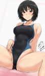  1girl absurdres amagami arm_behind_back arm_support artist_name black_hair black_one-piece_swimsuit blue_one-piece_swimsuit blush breasts brown_eyes closed_mouth collarbone commentary competition_swimsuit covered_navel dated groin hair_between_eyes hand_on_own_stomach highres large_breasts light_blush nanasaki_ai one-piece_swimsuit pink_background raised_eyebrows short_hair signature sitting solo spread_legs swimsuit two-tone_one-piece_swimsuit white_background wide_spread_legs yoo_tenchi 