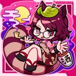  animal_ears black_shoes black_wrist_cuffs border brown_hair brown_shirt brown_skirt chibi chibi_only commentary_request crossed_legs dot_nose egasumi eyeshadow frilled_sleeves frills full_moon futatsuiwa_mamizou glasses halftone highres holding holding_smoking_pipe ishiki_nuru kiseru leaf leaf_on_head looking_at_viewer makeup medium_hair moon object_request open_mouth outline pattern_request pince-nez pink_border pink_outline pink_sleeves puffy_short_sleeves puffy_sleeves purple_background raccoon_ears raccoon_girl raccoon_tail red_background red_eyes red_eyeshadow shirt shoes short_sleeves sitting skirt smile smoke smoking_pipe sparkle swept_bangs tail touhou twitter_username v-shaped_eyebrows wrist_cuffs 