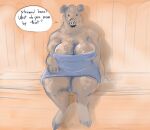  2023 anthro big_breasts biped bodily_fluids breasts brown_body brown_fur cleavage clothed clothing dialogue digital_media_(artwork) doctordj english_text female fur hi_res hooves looking_at_viewer mammal sauna simple_eyes sitting solo speech_bubble suid suina sus_(pig) sweat talking_to_viewer text thick_thighs towel tusks voluptuous_female wide_hips wild_boar 