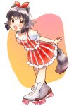 1girl alternate_costume animal_ears black_hair bow brown_eyes common_raccoon_(kemono_friends) dress highres kemono_friends nail_polish open_mouth raccoon_ears raccoon_girl raccoon_tail red_bow red_nails roller_skates short_hair simple_background skates solo striped striped_dress striped_tail suicchonsuisui tail white_footwear 