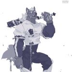  1boy animal_ears bandaid bandaid_on_cheek bandaid_on_face bandaid_on_nose bara baseball baseball_bat baseball_uniform bulge claws dog_boy dog_ears dog_tail feet_out_of_frame furry furry_male grey_fur holding holding_baseball_bat holding_weapon large_pectorals looking_at_viewer male_focus monochrome muscular muscular_male nail_(hardware) nail_bat original over_shoulder pants pectorals piercing scar scar_on_face shirt short_hair solo sportswear tail thick_eyebrows tight_clothes tight_shirt tusks weapon white_background wincalblanke 