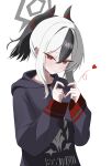  1girl absurdres black_hair black_hoodie blue_archive blush closed_mouth commentary demon_girl demon_horns ear_piercing grey_halo hair_between_eyes halo highres hood hoodie horns kayoko_(blue_archive) long_hair looking_at_viewer mopi_(oooo5412) multicolored_hair piercing ponytail red_eyes solo two-tone_hair white_hair 