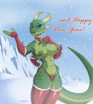  2023 abs anthro areola bell bell_collar breasts camel_toe christmas christmas_clothing clothing collar detailed_background dialogue digital_media_(artwork) english_text eyebrows female fingerless_gloves gloves green_areola green_body green_markings green_nipples handwear head_markings hi_res holidays horn lizard looking_at_viewer markings mountain nipples non-mammal_breasts outside paranoiya purple_eyes reptile scales scalie signature snow snowing solo spots spotted_markings talking_to_viewer text wardrobe_malfunction 