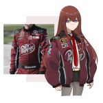  1girl absurdres blue_eyes brown_hair dr_pepper hair_between_eyes highres holeecrab long_hair makise_kurisu nascar neck pantyhose photo-referenced short_shorts shorts simple_background sponsor steins;gate toyota white_background 