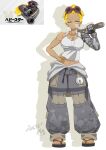  1girl bare_arms bare_shoulders belt blonde_hair breasts bulk_star cigarette cleavage collarbone contrapposto crop_top earrings fingernails full_body furrowed_brow gauge goggles goggles_on_head grey_pants grey_sweater groin hand_on_own_hip highres holding holding_wrench hoop_earrings jacket jewelry jitome kirby_(series) kirby_air_ride kirby_air_riders knee_pads large_breasts legs_apart looking_at_viewer mecha_musume mechanic mechanical_arms midriff mismatched_earrings mouth_hold multicolored_sweater myu_myu_sun nail_polish navel navel_piercing oversized_object pants personification piercing pixie_cut platform_sandals prosthesis prosthetic_arm raised_eyebrow reference_inset sandals sanpaku scar scar_on_cheek scar_on_face scar_on_neck screenshot_inset shirt short_hair sideburns signature simple_background single_mechanical_arm sleeveless smoking solo standing star-shaped_hair stomach straight-on sweater tan tank_top tied_sweater toenail_polish toenails toned toned_female vehicle_and_personification white_background white_sweater white_tank_top wrench yellow_eyes yellow_nails 