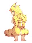  anthro anus blush breasts butt felid female fur genitals green_eyes hair hi_res lalamedli mammal mia_(world_flipper) nude pantherine pussy rear_view simple_background smile solo stripes tiger tongue white_background world_flipper yellow_body yellow_fur 