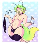 alien alien_humanoid antennae_(anatomy) blue_eyes bottomwear bulge choker clothed clothing cluelessstarstream container crossgender digital_media_(artwork) english_text fingers ftm_crossgender ftm_transformation gender_transformation green_hair hair heart_symbol hi_res holding_clothing holding_container holding_object holding_topwear humanoid humanoid_pointy_ears jewelry legwear looking_down looking_down_at_self male navel necklace open_mouth pointy_ears potion potion_bottle simple_background smile solo stockings tail taking_off_bra tentacle_tail tentacles text thigh_highs thong tongue topless topwear trans_(lore) trans_man_(lore) transformation underwear unusual_anatomy unusual_tail yellow_tongue