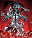  2girls 3boys absurdres aqua_hair armor black_hair blonde_hair blue-tinted_eyewear blue_eyes blue_mask boots coat conductor_baton copyright_name crossed_arms debris dress epaulettes evil_grin evil_smile frilled_dress frills gamagoori_ira glowing glowing_eyes grey_hair grin hat highres holding holding_baton holding_sword holding_weapon holstered inumuta_houka jakuzure_nonon junketsu katana kill_la_kill kiryuuin_satsuki knee_boots little_mojoi long_hair looking_at_viewer mask medium_hair multiple_boys multiple_girls outstretched_arms pants pink_hair puffy_short_sleeves puffy_sleeves red_background rock sanageyama_uzu school_uniform shirt short_hair short_sleeves shoulder_armor shoulder_spikes sidelocks skull smile spikes stairs sunglasses sword teeth tinted_eyewear top_hat trench_coat vambraces weapon white_boots white_dress white_pants white_shirt wrist_cuffs 