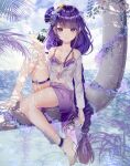  1girl absurdres alternate_costume anklet bare_shoulders barefoot blue_background blue_sky blunt_bangs braid branch breasts chinese_commentary cleavage cloud cloudy_sky collarbone commentary_request dango_milk_(genshin_impact) dappled_sunlight fan_hair_ornament feet genshin_impact hair_ornament hair_ribbon highres holding jewelry knee_up long_braid medium_breasts miejiji23333 mitsudomoe_(shape) mole mole_under_eye ocean off_shoulder outdoors palm_tree parted_lips purple_eyes purple_hair purple_nails purple_ribbon raiden_shogun ribbon shade shadow side_slit single_braid skirt sky solo sunlight swimsuit thick_thighs thighlet thighs tomoe_(symbol) tree tree_shade water 