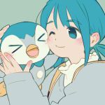  &gt;_&lt; 1girl aqua_eyes aqua_hair bangs blush cheek-to-cheek closed_mouth commentary frills grey_background grey_jacket hands_up heads_together holding holding_pokemon jacket kuro_nezumi_inu long_sleeves one_eye_closed open_mouth piplup pokemon pokemon_(creature) smile strap upper_body 