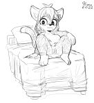  &lt;3 &lt;3_eyes absurd_res anthro bed black_and_white breasts felid female furniture genitals hi_res hima_nsfw maha_(hima_nsfw) mammal monochrome on_bed pantherine presenting presenting_pussy pussy short_stack sitting sitting_on_bed sketch smile solo stripes tiger 