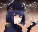  1girl after_ejaculation annoyed black_dress black_eyes black_gloves black_hair black_headwear cum cum_on_clothes cum_on_hair cum_on_hands cum_on_headwear disgust dress excessive_cum fur_hat gloves hat highres kuonji_alice mahou_tsukai_no_yoru pancaku 