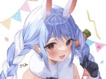  1girl :d animal_ear_fluff animal_ears bangs bare_shoulders black_gloves black_pantyhose blue_hair blush box braid buttons carrot_hair_ornament commentary_request confetti cropped detached_sleeves don-chan_(usada_pekora) eyes_visible_through_hair food-themed_hair_ornament fur-trimmed_gloves fur_scarf fur_trim gift gift_box gloves hair_ornament highres hololive kirimi looking_at_viewer multicolored_hair pantyhose portrait rabbit rabbit_ears rabbit_girl short_eyebrows signature smile solo string_of_flags thick_eyebrows twin_braids two-tone_hair usada_pekora white_hair 