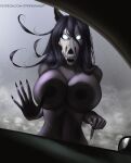  against_surface anthro big_breasts black_body black_hair bone breasts breasts_squish canid canine female gesture glowing glowing_eyes hair hi_res huge_breasts inviting looking_at_viewer malo mammal nails nude on_glass pointing scp-1471-a scp_foundation skull skull_head solo sunstripe white_eyes 