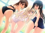  3girls ass bent_over bishoujo_(game) black_hair blonde_hair blue_eyes blush breasts brown_eyes brown_hair censored clothes_pull clothing_aside game_cg haruna_altonen large_variant_set long_hair looking_back mosaic_censoring multiple_girls nipples nonohara_miki one-piece_swimsuit one-piece_swimsuit_pull one-piece_tan open_mouth pussy school_swimsuit small_breasts swimsuit swimsuit_aside tachibana_kyouka_(bishoujo) tan tanlines variant_set watase_tamaki wet white_one-piece_swimsuit 
