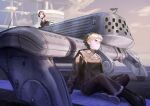  1boy 1girl aircraft airship black_eyes blonde_hair bob_cut brown_hair claus_valca commentary_request full_body highres kuthi0510 last_exile lavie_head looking_ahead open_mouth outdoors short_hair sitting sky smile upper_body vanship 
