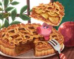  apple apple_pie dessert food food_focus fork fruit holding holding_food indoors kirby kirby_(series) miclot pie pie_slice plant plate red_apple table 