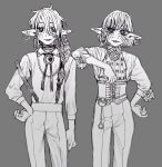  1boy 1girl androgynous ascot blush bob_cut braid braided_ponytail brother_and_sister buck_teeth corset earrings elf freckles frilled_ascot frills highres hoop_earrings jewelry long_hair looking_at_viewer lup_(the_adventure_zone) pants pointy_ears shirt siblings side_braid sketch smile suspenders taako_(the_adventure_zone) teeth the_adventure_zone tooth_gap twins ubuuugreenie 