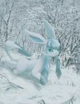  bare_tree breath bright_pupils commentary glaceon green_eyes highres nashimochi_4 no_humans outdoors parted_lips pokemon pokemon_(creature) snow solo standing symbol-only_commentary tree twitter_username watermark white_pupils 