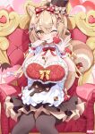  1girl absurdres ahoge animal_ear_fluff animal_ears apron armchair black_thighhighs blonde_hair blush bow bowtie breasts brown_skirt candy chair chocolate chocolate_on_body chocolate_on_breasts cleavage commentary_request crossed_bangs elegant_(sumisumi4268) food food-themed_hair_ornament food_on_body frilled_apron frilled_wristband frills hair_between_eyes hair_bow hair_ornament hat heart heart-shaped_chocolate heart-shaped_food heart_hair_ornament highres huge_breasts large_breasts long_hair looking_at_viewer mini_hat mini_top_hat on_chair one_eye_closed original red_bow red_bowtie sideboob sitting skirt smile solo squirrel_ears squirrel_girl squirrel_tail strawberry_hair_ornament tail thighhighs tongue tongue_out top_hat two-tone_skirt valentine white_apron yellow_eyes yellow_skirt 