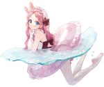  :o absurdres afloat air_bubble animal_ears asymmetrical_sidelocks back_bow bare_arms bare_legs barefoot black_bow blue_eyes bow brown_bow bubble commentary dot_nose extra_ears forehead frilled_hairband frilled_innertube frilled_one-piece_swimsuit frills from_side full_body hair_bow hairband highres innertube light_blush long_hair looking_at_viewer looking_to_the_side maid maid_one-piece_swimsuit one-piece_swimsuit original parted_bangs parted_lips pink_hair pinkusan rabbit_ears sidelocks simple_background star_(symbol) star_in_eye swim_ring swimsuit symbol_in_eye tareme unconventional_maid untranslatable_commentary water water_drop wavy_hair white_background white_hairband 