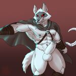  anthro bandage bodily_fluids canid canine canis cape cloak clothing death_(puss_in_boots) erection genital_fluids harness hi_res male mammal precum red_eyes sickle solo thebarabandit wolf 