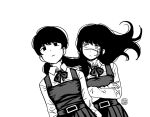  2girls artist_name bangs black_hair chainsaw_man crossed_arms dress floating_hair fourth_east_high_school_uniform greyscale highres long_hair looking_at_another looking_at_viewer mitaka_asa monochrome multiple_girls neck_ribbon osulan pinafore_dress ribbon scar scar_on_cheek scar_on_face school_uniform simple_background twintails white_background yoru_(chainsaw_man) 