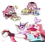  1girl :d ^^^ absurdres alternate_color animal_ears aqua_shirt beret berry_(pokemon) black_gloves blush chattino_(raora_panthera) chibi ears_through_headwear eating egg english_commentary fang fingerless_gloves food gloves goggles goggles_on_head hat highres holding holding_poke_ball hololive hololive_english jirachi long_hair looking_ahead mochigome_(h0_pj) multicolored_hair oran_berry panther_ears panther_girl panther_tail pink_hair piplup poke_ball poke_ball_print pokemon pokemon_egg raora_panthera raora_panthera_(1st_costume) sandwich shiny_pokemon shirt sitrus_berry smile solid_oval_eyes solo sparkle streaked_hair tail vaporeon virtual_youtuber white_background white_streaks yellow_eyes 