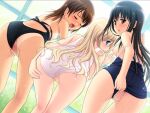  3girls ass bent_over bishoujo_(game) black_hair blonde_hair blue_eyes blush breasts brown_eyes brown_hair censored closed_eyes clothes_pull clothing_aside game_cg haruna_altonen large_variant_set long_hair looking_back mosaic_censoring multiple_girls nipples nonohara_miki one-piece_swimsuit one-piece_swimsuit_pull one-piece_tan open_mouth pussy school_swimsuit small_breasts swimsuit swimsuit_aside tachibana_kyouka_(bishoujo) tan tanlines variant_set watase_tamaki wet white_one-piece_swimsuit 