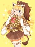  1girl animal_ears blue_eyes blush bow brown_skirt eyelashes giraffe_ears giraffe_girl giraffe_horns giraffe_print giraffe_tail highres horns kemono_friends nail_polish one_eye_closed open_mouth pleated_skirt ponytail red_bow red_nails rothschild&#039;s_giraffe_(kemono_friends) skirt solo spotted_tail standing suicchonsuisui tail thighhighs v white_thighhighs yellow_background zettai_ryouiki 