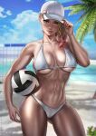  1girl abs asymmetrical_hair ball bare_shoulders baseball_cap beach beach_volleyball bikini blonde_hair blue_eyes blue_sky breasts cloud collarbone colored_tips cowboy_shot dandon_fuga eyebrow_piercing gwen_stacy hat highres holding holding_ball marvel medium_breasts multicolored_hair navel_piercing ocean one_eye_closed palm_leaf piercing sky solo spider-man:_into_the_spider-verse spider-man_(series) spider_web_print swimsuit volleyball volleyball_net white_bikini white_headwear 