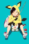  1boy animal_hood backpack bag black_hair black_shorts blue_background egg ethan_(pokemon) goggles grin highres hood hoodie long_sleeves male_focus pichu poke_ball pokemon pokemon_(game) pokemon_adventures pokemon_gsc rohi_(luzi) shoes shorts sitting smile sneakers solo stick tail togepi yellow_eyes yellow_hoodie 