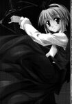  1girl blush border bow_hairband breasts closed_mouth collared_shirt cowboy_shot from_side greyscale hairband hand_up highres hitodama holding holding_sword holding_weapon katana konpaku_youmu konpaku_youmu_(ghost) long_skirt long_sleeves looking_at_viewer monochrome puffy_long_sleeves puffy_sleeves ribbon sazanami_mio shirt short_hair simple_background skirt skirt_set small_breasts solo sword touhou vest weapon 