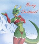  2023 abs anthro bell bell_collar breasts camel_toe christmas christmas_clothing clothing collar detailed_background dialogue digital_media_(artwork) english_text eyebrows female fingerless_gloves gloves green_body green_markings handwear head_markings hi_res holidays horn lizard looking_at_viewer markings mountain non-mammal_breasts outside paranoiya purple_eyes reptile scales scalie signature smile smiling_at_viewer snow snowing solo spots spotted_markings talking_to_viewer text 